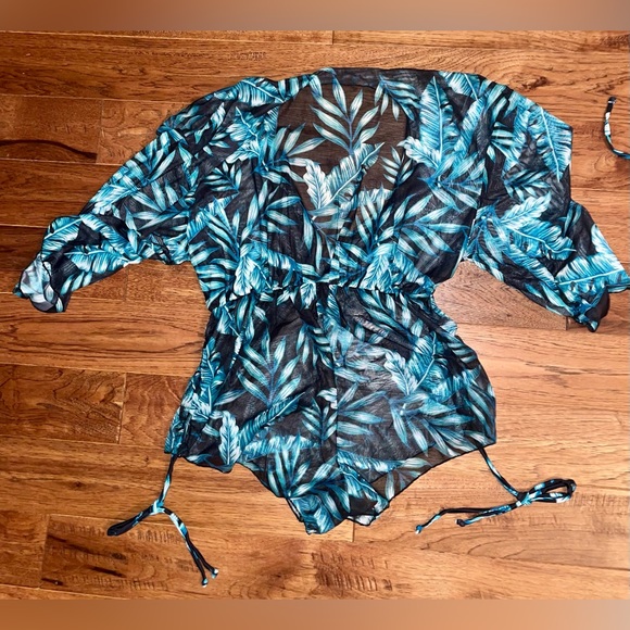 3 Piece Swimsuit Leaf Print Halter Drawstring Side Bikini Set with Cover Up - Picture 8 of 12